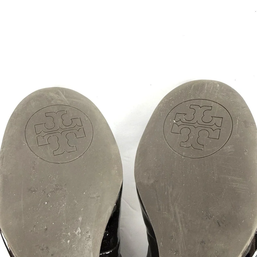 Tory Burch Eddie Ballet Wedge 7.5 Black Patent Leather Slip On Heels Gold Logo